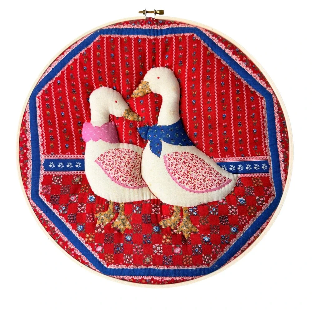 Vintage 70s Handmade Goose Wall Art Embroidery‎ Hoop Cottagecore
